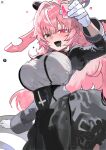  1girl absurdres animal_ears arm_up black_eyes black_horns black_skirt breasts commentary_request cup drunk fang femme_soule floppy_ears gloves goat_ears hand_up heterochromia high-waist_skirt highres holding holding_cup horns large_breasts long_hair long_sleeves multicolored_hair no_pupils notched_ear pink_hair puffy_sleeves pukey_goddess_shot_trick shirt skin_fang skirt solo spilling very_long_hair wazawai_(isotwen) white_gloves white_hair white_shirt 