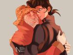  2boys anchor_ornament animal_print beard big_hair black_coat brown_hair closed_eyes coat commentary diamond_wa_kudakenai earrings english_commentary facial_hair father_and_child father_and_son gakuran glasses gloves hat higashikata_josuke high_collar hug jewelry jojo_no_kimyou_na_bouken joseph_joestar joseph_joestar_(old) leopard_print long_sleeves male_focus multiple_boys nolvini old old_man orange_coat orange_hat parent_and_child pompadour school_uniform simple_background smile white_gloves 