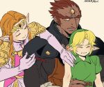  1girl 2boys aquiline_nose belt blonde_hair boob_injection_(meme) brown_belt brown_hair closed_eyes closed_mouth commentary_request dark-skinned_male dark_skin dress elbow_gloves eyelashes ganondorf gloves green_tunic grimace holding holding_syringe link meme multiple_boys nose pink_dress pointy_ears princess_zelda rani_grb red_hair short_hair signature smile syringe the_legend_of_zelda the_legend_of_zelda:_ocarina_of_time tunic white_background young_link 