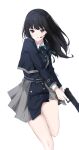  1girl absurdres belt black_hair blue_belt blue_ribbon commentary dress feint721 green_ribbon grey_dress hair_ribbon highres inoue_takina long_hair lycoris_recoil lycoris_uniform microphone neck_ribbon open_mouth purple_eyes ribbon simple_background two-tone_dress white_background 