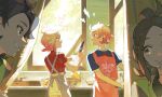  2boys 2girls absurdres apron bin_aham black_hair blonde_hair blue_eyes blue_shirt bowl brown_hair character_print closed_mouth cooking cutting_board espurr eyelashes grey_apron grin hand_up harmony_(pokemon) highres holding indoors jacket multiple_boys multiple_girls paxton_(pokemon) pokemon pokemon_legends:_z-a shirt short_hair short_sleeves sidelocks sink smile taunie_(pokemon) teeth urbain_(pokemon) window 