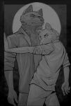  anthro black_and_grey canid canine canis clothed clothing digital_drawing_(artwork) digital_media_(artwork) duo fluffy_chest frown fur greyscale hi_res looking_at_viewer male male/male mammal monochrome moon night open_clothing open_shirt open_topwear serious_face shirt sinser standing topwear unbuttoned waist_portrait wolf 