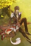  1boy 1girl absurdres black_gloves boo_tao_(genshin_impact) book brown_hair chinese_clothes commentary_request eyewear_on_head formal_clothes genshin_impact ghost ginkgo_leaf gloves gradient_hair grass hair_between_eyes hat highres holding holding_book hu_tao_(cherries_snow-laden)_(genshin_impact) hu_tao_(genshin_impact) jacket lap_pillow leaf long_hair long_sleeves lying multicolored_hair necktie official_alternate_costume on_side piyopiyo21562 reading red-tinted_eyewear red_goggles red_skirt round_eyewear shirt sitting skirt sleeping suit thighhighs tinted_eyewear tree twintails white_hat white_necktie yellow_eyes zhongli_(genshin_impact) 