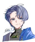  1boy absurdres artist_name asymmetrical_bangs bangs_pinned_back black_bodysuit blood blood_on_face blue_cape blunt_ends bodysuit cape commentary_request covered_collarbone cropped_torso eyeliner genshin_impact grey_hair hair_intakes highres injury japanese_clothes kimono looking_to_the_side makeup male_focus mandarin_collar parted_lips portrait purple_eyes red_eyeliner s4lt scaramouche_(genshin_impact) shoulder_peek side_cape solo tsurime uneven_eyes wanderer_(genshin_impact) white_background white_kimono white_mouth wolf_cut 