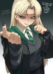 1girl beckoning black_nails black_robe black_skirt black_sweater blonde_hair collared_shirt commentary draco_malfoy draco_malfoy_(redteneri) earrings english_commentary english_text fingernails genderswap genderswap_(mtf) gradient_background green_background green_necktie grey_eyes half-closed_eyes hands_up harry_potter_(series) highres hogwarts_school_uniform hoop_earrings jewelry long_hair long_sleeves looking_at_viewer mole mole_under_eye multicolored_necktie nail_polish necktie open_clothes open_robe parted_lips ringed_eyes robe school_uniform shirt skirt slytherin solo striped_clothes striped_necktie sweater teeth two-tone_necktie unusualpie white_background white_necktie white_shirt wizarding_world 