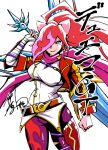  1girl bandaged_arm bandaged_hand bandages breasts commentary_request copyright_name duel_masters duel_masters_gt glenglassaugh_(duel_masters) gold_trim hair_over_one_eye high_ponytail highres holding holding_sword holding_weapon ihara_shigekatsu jacket large_breasts leg_armor long_hair looking_at_viewer multicolored_hair multicolored_pants open_clothes open_jacket pants ponytail purple_eyes purple_hair purple_pants purple_scarf red_hair red_jacket red_pants scarf shirt signature simple_background single_leg_armor solo sword translation_request two-tone_hair weapon white_background white_mouth white_shirt 
