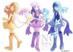  1girl 3others azelf beanie black_hair black_shirt black_socks blue_hair blue_skin boots colored_skin commentary_request dawn_(pokemon) floating forehead_jewel full_body gem grey_eyes hair_ornament hairclip hat highres long_hair looking_at_another looking_at_viewer mesprit multiple_others multiple_tails multiple_views open_mouth pink_boots pink_skin pink_skirt pokemon pokemon_(creature) pokemon_diamond/pearl/platinum red_gem red_scarf sandora_(karugamo_no_e) scarf shirt simple_background skirt socks standing tail two_tails uxie white_background white_hat white_skin yellow_skin 