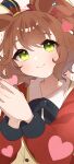  1girl absurdres animal_ears aston_machan_(flare)_(umamusume) aston_machan_(umamusume) black_bow black_bowtie blush bow bowtie breasts brown_hair closed_mouth commentary_request crown green_eyes hair_ornament hair_scrunchie heart highres horse_ears horse_girl kurumiya_(krmy_p) long_sleeves looking_at_viewer mini_crown nail_polish red_nails red_sash red_scrunchie red_sleeves sash scrunchie shirt shoulder_sash smile solo tilted_headwear umamusume white_shirt 
