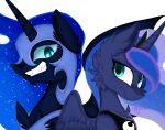  2023 4agonism antagonist black_eyelashes black_hair blue_body blue_fur blue_hair cheek_tuft chest_tuft crown digital_drawing_(artwork) digital_media_(artwork) duality duo ear_tuft equid equine ethereal_hair evil_grin eye_contact facial_tuft female feral friendship_is_magic frown fur hair hasbro hi_res horn jewelry looking_at_another looking_back looking_back_at_another mammal my_little_pony nightmare_moon_(mlp) princess_luna_(mlp) purple_eyelashes regalia sharp_teeth simple_background slit smile spread_wings square_crossover teal_eyes teal_sclera teeth tuft white_background winged_unicorn wings 