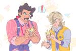  ! 2boys apron arven_(pokemon) bin_aham black_hair brown_hair collared_shirt facial_hair flabebe highres holding holding_phone light_blush long_hair lower_teeth_only male_focus multiple_boys mustache necktie open_clothes open_mouth open_vest phone pink_shirt pokemon pokemon_scarlet_and_violet purple_apron rotom rotom_phone saguaro_(pokemon) shared_speech_bubble shirt sparkle speech_bubble spoken_exclamation_mark striped_clothes striped_shirt sweatdrop teeth vertical-striped_clothes vertical-striped_shirt vest waist_apron white_background yellow_vest 
