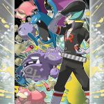  1boy absurdres aqua_eyes aqua_hair artist_name black_hat black_jacket black_pants closed_mouth commentary company_name copyright_notice elbow_gloves english_commentary fangs from_side gas gloves golbat grey_gloves hand_on_headwear hat highres holding holding_poke_ball jacket koffing legs_apart male_focus merchandise_available nontraditional_poke_ball nostrils official_style open_mouth outline pants poke_ball pokemon pokemon_(creature) pokemon_heartgold_and_soulsilver pokemon_team popped_collar proton_(pokemon) severed_tail short_hair skull_and_crossbones slowpoke slowpoke_tail smile standing team_rocket team_rocket_uniform tom_higgins watermark weezing white_outline zubat 