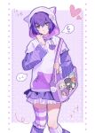  1girl absurdres bag bernadetta_von_varley breasts caspar_von_bergliez character_print chinese_commentary commentary_request dorothea_arnault edelgard_von_hresvelg fengdi_kazefue ferdinand_von_aegir fire_emblem fire_emblem:_three_houses flying_sweatdrops frilled_skirt frills grey_eyes heart highres holding holding_bag hubert_von_vestra knees linhardt_von_hevring long_sleeves petra_macneary purple_hair purple_skirt purple_theme shirt short_hair shoulder_bag single_thighhigh skirt solo spoken_flying_sweatdrops standing striped_clothes striped_thighhighs thighhighs white_shirt 