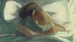  2girls black_hair brown_hair brown_shirt commentary couple cuddling english_commentary from_above grey_shirt head_on_pillow highres indoors long_hair long_sleeves lying miyagi_shiori morning multiple_girls on_bed on_side pillow rotundwaffas sendai_hazuki shirt short_hair shuuniichido_classmate_wo_kau_hanashi sidelighting sleeping_together twitter_username under_covers 
