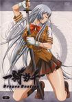  1girl absurdres breasts chouun_shiryuu eyes_closed female highres ikkitousen ikkitousen_dragon_destiny katana rin-sin school_uniform silver_hair solo sword weapon 