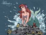  1girl animal ariel_(disney) arm_support bare_arms bare_shoulders copyright_name crab disney expressionless fish flounder_(the_little_mermaid) flower gori_matsu hair_flower hair_ornament highres looking_away mermaid monster_girl purple_flower red_hair rock sebastian_(disney) shell shell_bikini solo the_little_mermaid water waving 