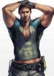  1boy armpit bara body_hair brown_hair chris_redfield looking_at_viewer male_focus muscle pecs presenting resident_evil smile solo undressing 