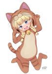  1girl animal_costume animal_ears animal_hood arm_up bangs bell bell_choker blonde_hair blue_eyes blunt_bangs blush braid cat_costume cat_ears cat_hood cat_tail choker dated dragon_quest dragon_quest_xi eyebrows_visible_through_hair fang full_body hand_up head_tilt hood hood_up jingle_bell kanya_pyi long_hair looking_at_viewer low_twintails nose_blush open_mouth red_choker simple_background solo striped_tail tail twin_braids twintails veronica_(dq11) white_background 