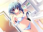  1girl blue_bra blue_hair blue_panties bra game_cg indoors izumi_tsubasu lingerie long_hair mashiroiro_symphony panties solo underwear uryu_sakuno uryuu_sakuno 