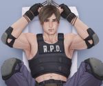  1boy abs armpit blue_eyes blush cum gloves leon_s_kennedy looking_at_viewer male_focus resident_evil restrained rope sitting solo sweat tears 