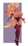  2_horns alternate_species animal_humanoid ankle_strap_heels big_breasts blonde_hair bodily_fluids bowser bowsette_meme breasts camel_toe clothed clothing collar crossgender crown curvy_figure female footwear hair headgear hi_res high_heeled_sandals high_heels horn humanoid humanoidized kokobuttz koopa_humanoid lactating legwear letterbox looking_at_viewer mario_bros meme milk mtf_crossgender nintendo platform_footwear platform_heels sandals scalie scalie_humanoid shoes solo super_crown thick_thighs thigh_highs topless voluptuous wedge_(footwear) wide_hips 