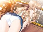  1girl blonde_hair blush game_cg goma_satoshi green_eyes long_hair oshiete_miko-sensei_ni panties shiratori_yayoi skirt solo underwear 