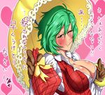  blush breasts cleavage covered_nipples gloves green_hair highres kazami_yuuka large_breasts one_eye_closed red_eyes sagattoru solo touhou translation_request umbrella 