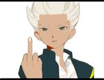  1boy child glare glaring gouenji_shuuya inazuma_eleven inazuma_eleven_(series) male male_focus middle_finger solo white_hair 