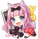  1girl :d \m/ animal_ears bangs black_bow black_dress black_footwear blue_eyes blunt_bangs blush bow cabbie_hat cat_ears chibi collared_dress commentary dress english_commentary eyebrows_visible_through_hair fake_animal_ears fujiwara_chika full_body hair_bow hat hat_bow hat_removed headwear_removed heart heart-shaped_pupils hitsukuya kaguya-sama_wa_kokurasetai_~tensai-tachi_no_renai_zunousen~ kneehighs long_hair long_sleeves looking_at_viewer neck_ribbon open_mouth pink_hair pipe red_hat red_ribbon ribbon signature simple_background smile solo striped symbol-shaped_pupils v-shaped_eyebrows vertical-striped_hat vertical_stripes very_long_hair white_background white_legwear 