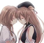  2girls asymmetrical_clothes beret black_hat black_serafuku braid breasts closed_mouth cloud_hair_ornament eyebrows_visible_through_hair eyes_closed face-to-face forehead-to-forehead from_side gradient_hair hat hirune_(konekonelkk) kantai_collection light_brown_hair long_hair minegumo_(kantai_collection) multicolored_hair multiple_girls murasame_(kantai_collection) neckerchief profile red_neckwear remodel_(kantai_collection) sailor_collar school_uniform serafuku shirt short_sleeves simple_background suspenders twin_braids twintails two_side_up upper_body white_background white_sailor_collar white_shirt 