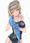  1girl bangs bare_shoulders black_swimsuit blonde_hair blush breasts cleavage collarbone commentary_request competition_swimsuit cowboy_shot drying drying_hair eyebrows_visible_through_hair hair_between_eyes hairband head_tilt highleg highleg_swimsuit hikari_(xenoblade_2) hinot large_breasts lips long_hair looking_at_viewer nintendo one-piece_swimsuit one_side_up parted_lips simple_background slit_pupils solo swimsuit towel towel_on_head wet wet_clothes wet_hair xenoblade_(series) xenoblade_2 yellow_eyes 
