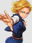  1girl android_18 aqua_eyes belt black_shirt blonde_hair blurry cowboy_shot denim denim_skirt depth_of_field dragon_ball dragonball_z expressionless eyelashes floating_hair frown grey_background long_sleeves looking_at_viewer outstretched_arms shirt short_hair simple_background skirt solo st62svnexilf2p9 striped waiscoat 
