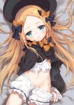  1girl abigail_williams_(fate/grand_order) aliter artist_name bangs bed_sheet black_bow black_dress black_hat blonde_hair bloomers bloomers_pull blue_eyes blush bow bug butterfly commentary_request dress dress_lift fate/grand_order fate_(series) fingernails forehead groin hair_bow hand_up hat hat_removed head_tilt headwear_removed highres insect long_hair long_sleeves lying navel on_back orange_bow parted_bangs parted_lips polka_dot polka_dot_bow pulled_by_self sleeves_past_fingers sleeves_past_wrists solo underwear very_long_hair white_bloomers 