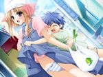  1boy 1girl black_eyes blonde_hair blue_hair blush closed_eyes eyes_closed game_cg hat masato outdoors panties pantyshot shigure_ama shuffle shuffle! skirt skirt_lift sweatdrop teenage_girl_and_younger_boy underwear 