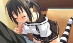  1boy 1girl censored character_request eyes_closed fellatio fiore_borgia game_cg momoiro_planet ninozen oral penis softhouse_seal source_request striped striped_legwear striped_thighhighs thighhighs 
