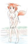  1girl animal_ears barefoot breasts brown_eyes cleavage feet feet_in_water female fox_ears full_body lowres orange_hair outdoors outside soaking_feet solail_(faya) solo tail toes tongue water wet wet_clothes white_background 