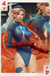  blonde_hair blue_eyes braid breasts cammy_white capcom fingerless_gloves garrison_cap gloves hat highres large_breasts leotard lips long_hair necktie plusnine realistic street_fighter twin_braids 