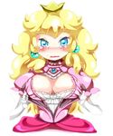  blonde_hair blue_eyes blush breasts cleavage_cutout crown earrings elbow_gloves gloves jewelry large_breasts mario_(series) nintendo princess_peach solo super_mario_bros. tears white_gloves yukimimi 
