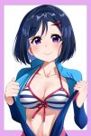  1girl alternate_hairstyle bangs bikini blue_hair blush breasts cleavage collarbone commentary_request front-tie_bikini front-tie_top hair_ornament hairclip highres igarashi_kyouhei large_breasts looking_at_viewer love_live! love_live!_sunshine!! matsuura_kanan open_clothes open_wetsuit purple_eyes short_hair smile solo striped striped_bikini swimsuit upper_body white_background 