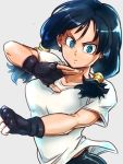  1girl black_gloves black_hair blue_eyes clenched_hand dragon_ball dragonball_z eyelashes fighting_stance fingerless_gloves floating_hair frown gloves grey_background looking_away serious shaded_face shirt short_sleeves simple_background solo st62svnexilf2p9 twintails upper_body videl white_shirt 