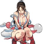  bare_shoulders black_hair breast_squeeze breasts brown_eyes brown_hair cleavage fatal_fury fingerless_gloves gloves japanese_clothes kishizuka_kenji large_breasts ponytail shiranui_mai solo the_king_of_fighters 
