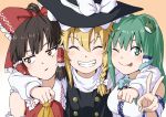  3girls ascot bare_shoulders black_hair black_headwear black_vest blonde_hair blush bow brown_eyes closed_eyes closed_mouth detached_sleeves frog_hair_ornament green_eyes green_hair grin hair_between_eyes hair_bow hair_ornament hair_tubes hakurei_reimu hat hat_bow inuno_rakugaki japanese_clothes kirisame_marisa kochiya_sanae long_hair medium_hair multiple_girls nontraditional_miko one_eye_closed open_mouth red_bow sidelocks smile snake_hair_ornament tongue tongue_out touhou v vest white_bow witch_hat yellow_ascot 