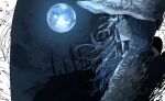  1girl blue_eyes blue_hair closed_mouth cracked_skin elden_ring forest from_side full_moon hat highres kankan33333 moon nature night night_sky profile ranni_the_witch sky smile solo star_(sky) starry_sky white_headwear witch_hat 