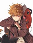  1boy animal_on_shoulder bird blonde_hair brown_jacket chainsaw chainsaw_man denji_(chainsaw_man) highres jacket looking_at_viewer niroxin parted_lips penguin pochita_(chainsaw_man) red_eyes sharp_teeth shirt short_hair sitting_sideways smile solo_focus teeth tongue tongue_out white_shirt 