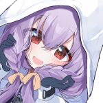  1girl :d black_gloves blue_archive blush braid gloves hair_ribbon happy hood hoodie kagari_atsuko nyou_0 open_mouth purple_hair red_eyes ribbon smile twin_braids twintails white_hoodie 