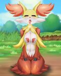  1girl absurdres animal_ear_fluff animal_ears animal_nose blue_sky blush body_fur breasts breasts_squeezed_together breath bush clenched_hands cloud commentary covered_nipples day delphox drooling english_commentary fangs fox_ears fox_girl full_body furry furry_female grass half-closed_eyes hands_on_own_thighs heart heart-shaped_pupils highres hitmanatee kneeling large_breasts looking_at_viewer multicolored_fur navel on_ground open_mouth outdoors pasties poke_ball_symbol pokemon pokemon_(creature) raised_eyebrows red_eyes red_fur saliva seiza sitting sky solo stomach straight-on symbol-shaped_pupils teeth thick_thighs thighs tongue tongue_out white_fur yellow_fur 
