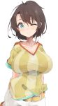  1girl ;) alternate_breast_size blue_eyes breasts brown_hair cleavage closed_mouth highres hololive large_breasts looking_at_viewer one_eye_closed oozora_subaru shirt short_hair short_sleeves smile solo spy_(user_jxcc8553) striped striped_shirt tied_shirt virtual_youtuber 