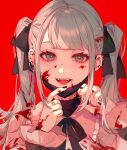  1girl :d absurdres bandaid bandaid_on_neck black_mask black_nails black_ribbon blood blood_on_clothes blood_on_face blood_on_hands blue_eyes blue_hair commentary_request eyelashes facial_mark fangs fingernails hair_ribbon hands_up hatsune_miku heart heart_facial_mark highres jewelry long_sleeves looking_at_viewer mask mask_pull mouth_mask nail_polish neck_ribbon open_mouth pink_shirt portrait red_background ribbon ring shirt smile solo teeth tongue twintails upper_teeth_only vampire_(vocaloid) vocaloid yan_ge 