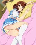  1girl ass bed bedroom blurry blurry_background brown_eyes brown_hair closed_mouth hibike!_euphonium highres indoors kitauji_high_school_uniform lying miniskirt on_bed on_stomach oumae_kumiko panties pillow pleated_skirt sbel02 school_uniform skirt smile socks solo thighs underwear white_socks yellow_panties 