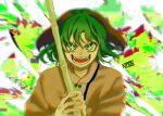  1girl animal_ears artist_name broom dog_ears dress green_eyes green_hair holding holding_broom kasodani_kyouko kimon_102 long_sleeves looking_at_viewer one-hour_drawing_challenge open_mouth pink_dress short_hair shouting signature smile solo touhou upper_body 