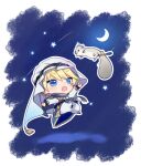  1boy :o arabian_clothes black_footwear blonde_hair blue_cape blue_eyes border cape chibi crescent_moon ferret full_body grey_scarf hair_between_eyes headdress highres hiyamaru holostars kishido_temma long_sleeves looking_at_animal luma8b male_focus moon night night_sky official_alternate_costume outline outstretched_arm pants puffy_pants scarf shirt short_hair sky solo star_(symbol) virtual_youtuber waist_cape white_border white_outline white_pants white_shirt 